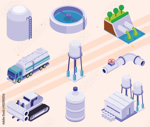 Icons representing water purification methods and technologies.