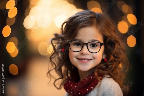 Portrait of a cute little girl wearing eyeglasses at Christmas time