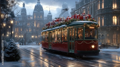 Wallpaper Mural A vintage tram adorned with Christmas decorations travels through a bustling city, surrounded by snow and holiday gifts, creating a festive atmosphere Torontodigital.ca