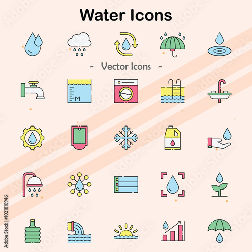 Icons representing various aspects of water and water-related activities.