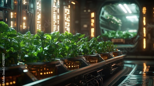 A futuristic hydroponic garden inside a space station or spaceship with rows of plants growing under artificial lights.