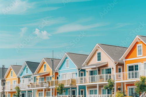 Modern colorful townhouses with balconies under a bright sky, representing vibrant and contemporary coastal living in a picturesque neighborhood