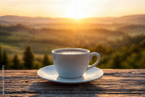 Cup of morning coffee on the table. Coffee against mountain landscape