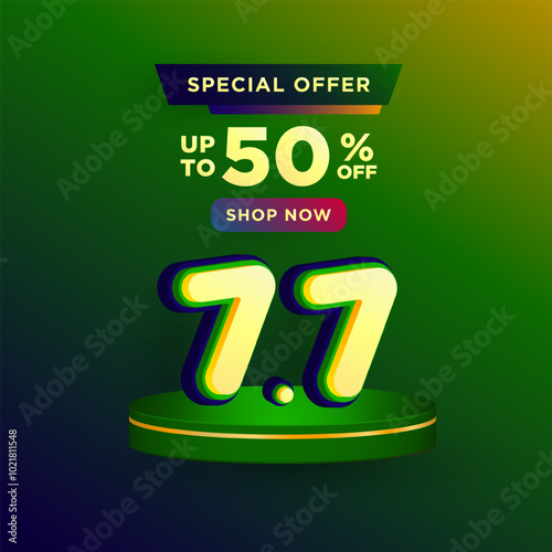 7.7 Shopping day on Green product podium scene vector illustration for banner, poster, social media and website campaign or promotion. July 7 sales banner template design photo