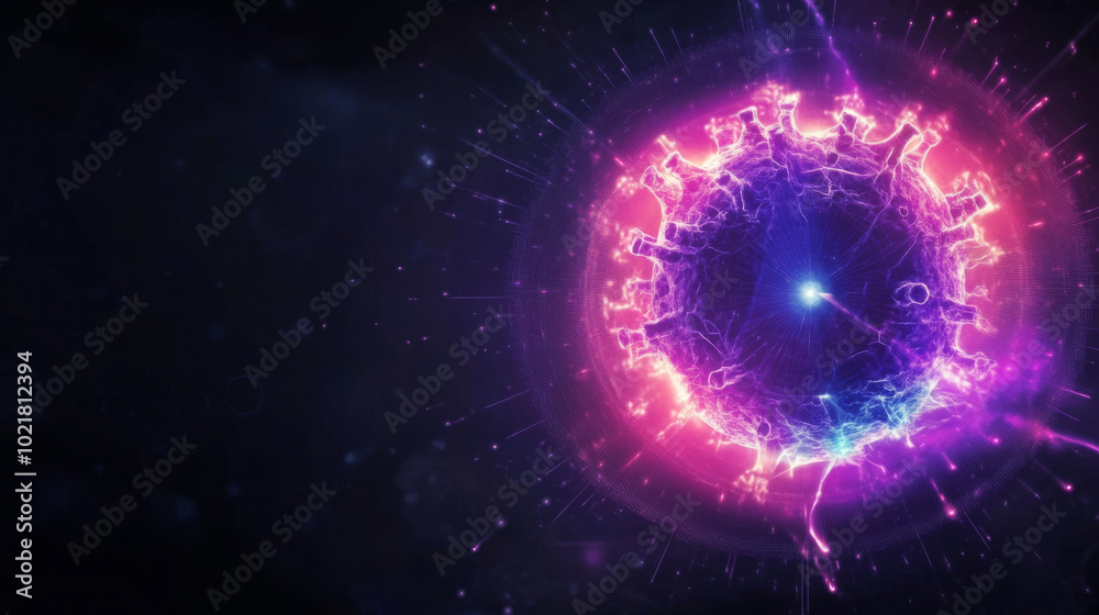 Fototapeta premium A vibrant, abstract rendering of a virus, glowing with pink and purple energy.