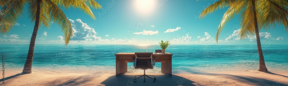 Desk with a chair on it on the beach, outdoor work