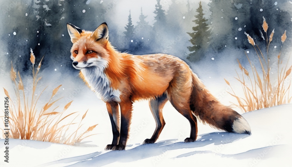 Fototapeta premium Attentive red fox with focused gaze standing in snowy field with winter vegetation watercolor painting
