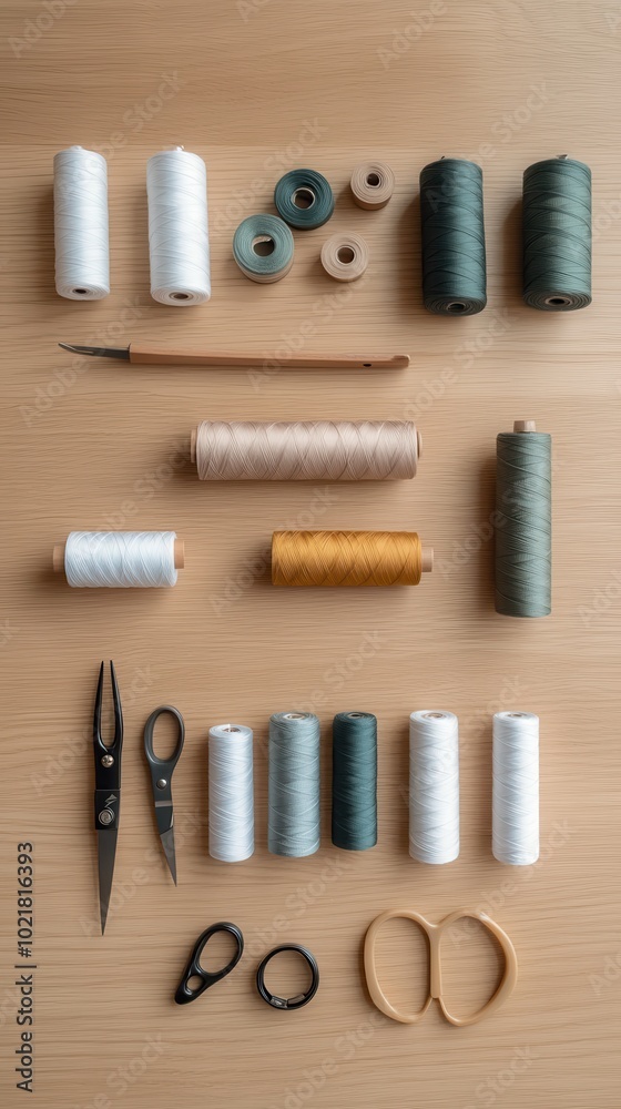 Fototapeta premium Creative Fashion Workspace: Upcycled Charm with Scissors and Sewing Tools