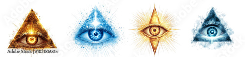 Eye symbols with glowing triangles and explosive effects transparent background