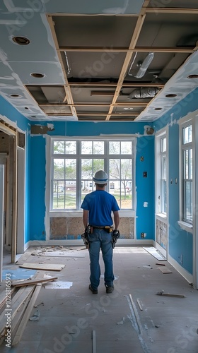 A construction worker wearing a blue shirt and white hard hat is standing in the middle of an unfinished kitchen with windows on one side