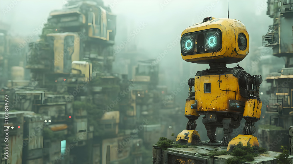 Yellow Robot Standing on a Rooftop in a Futuristic City 3D Illustration Yellow Robot Standing on a Rooftop in a Futuristic City 3D Illustration