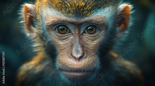 Close-up portrait of a young monkey with big, curious eyes looking directly at the camera.