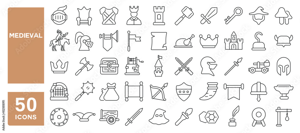 Set of 50 line icons related to medieval, ancient, king, knight, castle, crown, kingdom, sword, royal, Editable stroke. Vector illustration Set of 50 line icons related to medieval, ancient, king, knight, castle, crown, kingdom, sword, royal, Editable stroke. Vector illustration