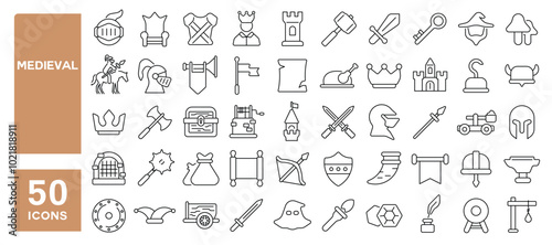 Set of 50 line icons related to medieval, ancient, king, knight, castle, crown, kingdom, sword, royal, Editable stroke. Vector illustration