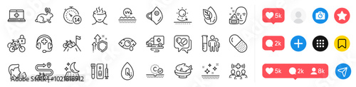 Capsule pill, Animal tested and Medical analyzes line icons pack. Social media icons. Stress, Seafood, Quarantine web icon. No alcohol, Improving safety, Medical drugs pictogram. Vector