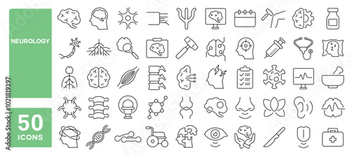 Set of 50 line icons related to neurology, brain, neuron, spinal cord, synapse, mental, neurosurgery, nerve, Editable stroke. Vector illustration