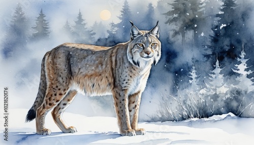 Watercolor alert lynx with piercing gaze standing in snowy winter forest