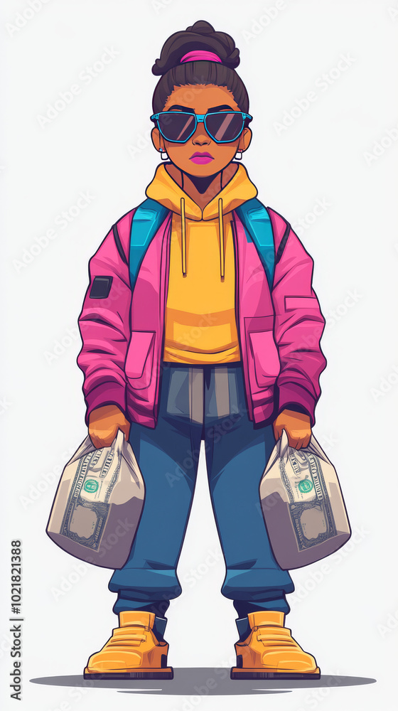 A stylish young woman in a pink jacket and blue jeans carrying two bags of cash. A stylish young woman in a pink jacket and blue jeans carrying two bags of cash.
