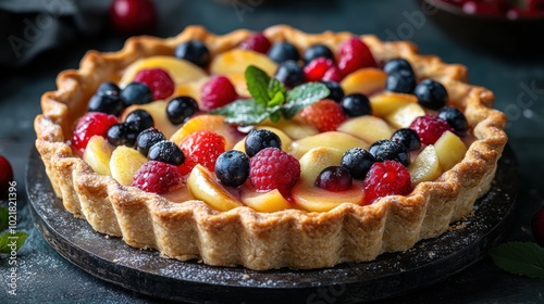 A delicious fruit tart with a flaky crust and a variety of fresh berries and peaches.