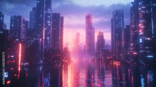 Futuristic cityscape with neon lights reflecting in the water at dusk.