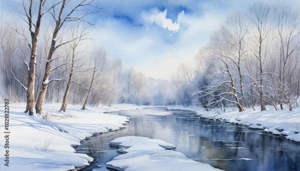Watercolor winter wonderland with snow-laden trees and flowing river Watercolor winter wonderland with snow-laden trees and flowing river
