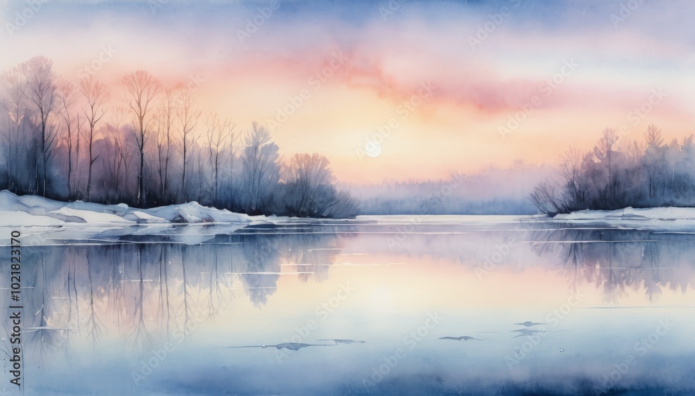 Fototapeta premium Watercolor serene winter landscape with misty river and bare trees against pastel sky