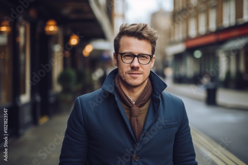 Handsome young man in a blue coat and glasses in the city