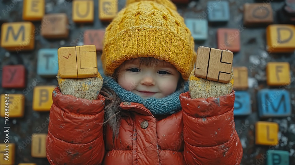 A young girl in a yellow beanie and red jacket is playing with wooden alphabet blocks outdoors. She is smiling and looking at the camera. A young girl in a yellow beanie and red jacket is playing with wooden alphabet blocks outdoors. She is smiling and looking at the camera.