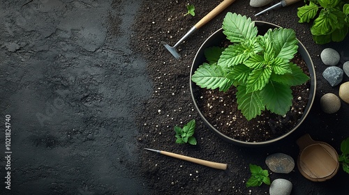 Potted plant surrounded by gardening tools and soil. photo
