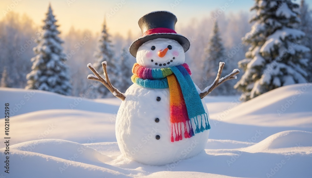 Obraz premium Cheerful snowman with rainbow scarf enjoying bright winter day in snowy pine forest