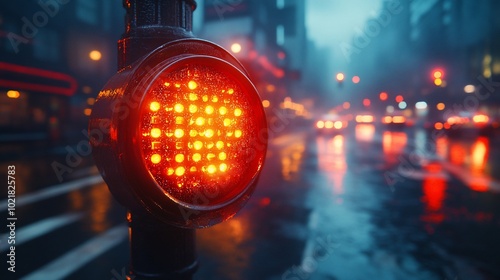 A red traffic light glows in the rain, with blurry cars and city lights in the background.