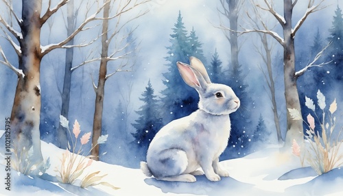 Watercolor rabbit with alert posture sitting in snowy winter forest