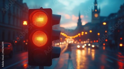 A red traffic light in a European city at dusk, with blurred cars and streetlights in the background.