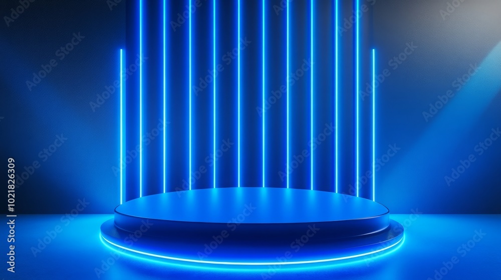 Empty blue podium with diagonal neon lamps in a minimalistic scene. - Empty blue podium with diagonal neon lamps in a minimalistic scene. -
