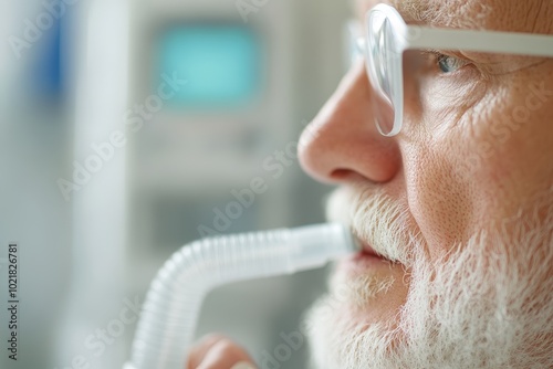 Monitoring Lung Function: Patient Using a Handheld Spirometric Device for Routine Test. photo