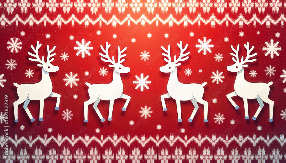 Fototapeta premium Paper cut-style white reindeer on a festive red background with snowflakes in a cheerful arrangement with copy space. 