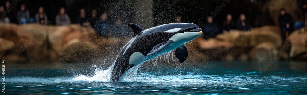 Obraz premium An orca leaps out of the water in front of rocky surroundings, splashing as it moves through the air