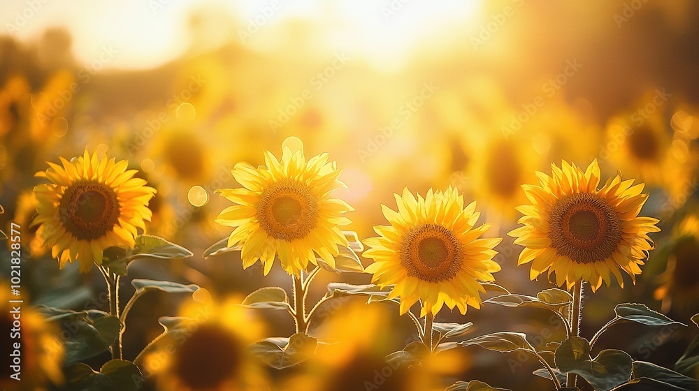 Obraz premium A sunflower field bathed in sunlight through the leaves and directly overhead
