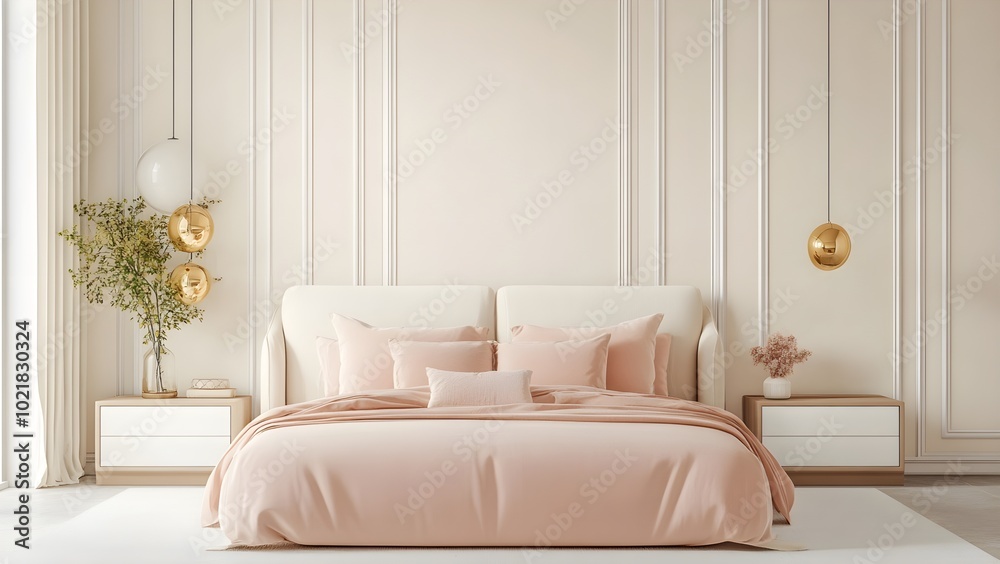 An elegant bedroom with soft peach tones, complete with an elegant bed and two nightstands on either end of the frame. Light beige walls decorate the room. An elegant bedroom with soft peach tones, complete with an elegant bed and two nightstands on either end of the frame. Light beige walls decorate the room.