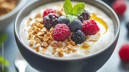 A bowl of Greek yogurt topped with granola, honey, and fresh berries