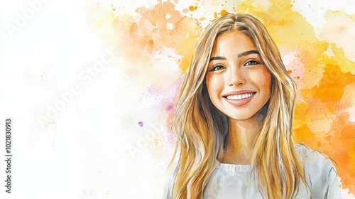 Teen Latino Woman with Blond Straight Hair watercolor illustration.