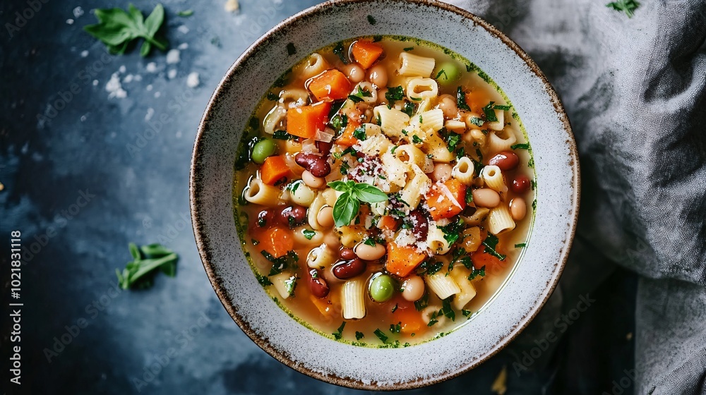 A bowl of minestrone soup with pasta, beans, and vegetables