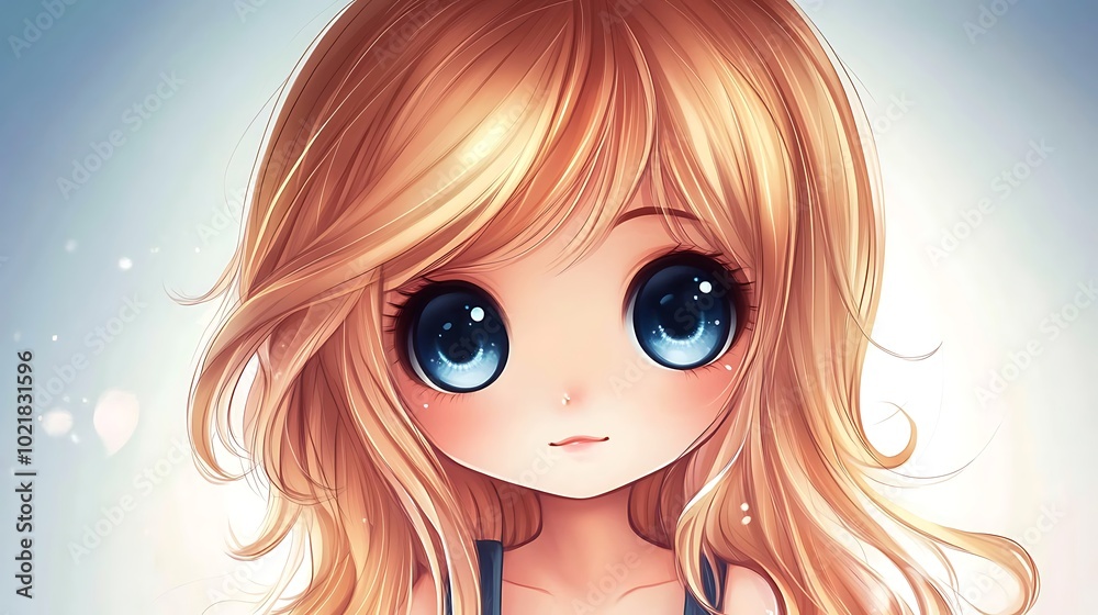 Cute Anime Girl with Big Blue Eyes and Blonde Hair, Digital Illustration