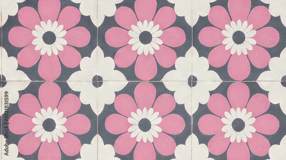 Close-up of a black and white tiled backdrop featuring pink and white flowers, with a focal pink and white blossom at its center Close-up of a black and white tiled backdrop featuring pink and white flowers, with a focal pink and white blossom at its center
