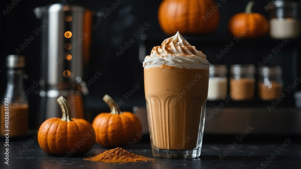 Aesthetic preparation of pumpkin spice frappe on a black themed kitchen. bokeh style. Aesthetic preparation of pumpkin spice frappe on a black themed kitchen. bokeh style.