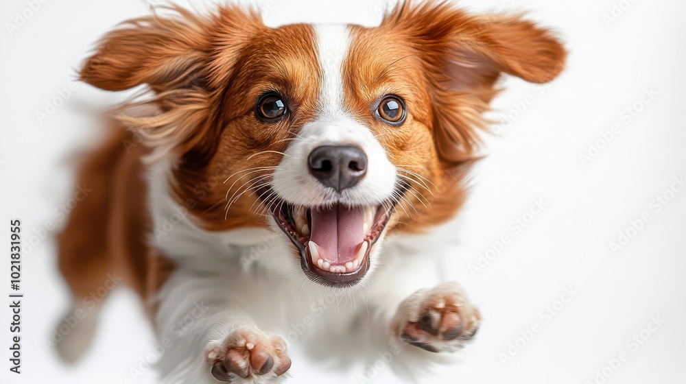 excited nederlandse kooikerhondje dog in a playful pose against a simple white background radiating energy and joy capturing the lively spirit of the breed in an adorable and heartwarming portrait excited nederlandse kooikerhondje dog in a playful pose against a simple white background radiating energy and joy capturing the lively spirit of the breed in an adorable and heartwarming portrait