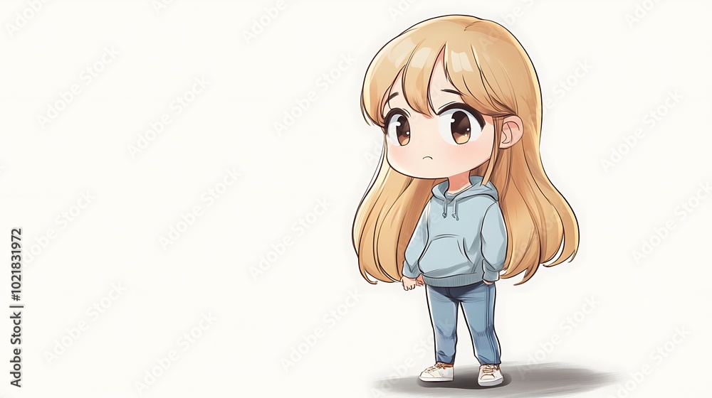 Cute chibi girl with long blonde hair wearing a blue hoodie and jeans Cute chibi girl with long blonde hair wearing a blue hoodie and jeans