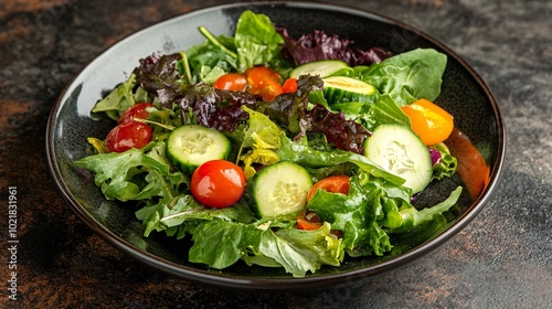 A fresh garden salad with mixed greens, cherry tomatoes, cucumber, and a light vinaigrette