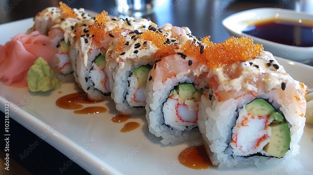 A plate of fresh California rolls with avocado, crab meat, and a side of soy sauce A plate of fresh California rolls with avocado, crab meat, and a side of soy sauce