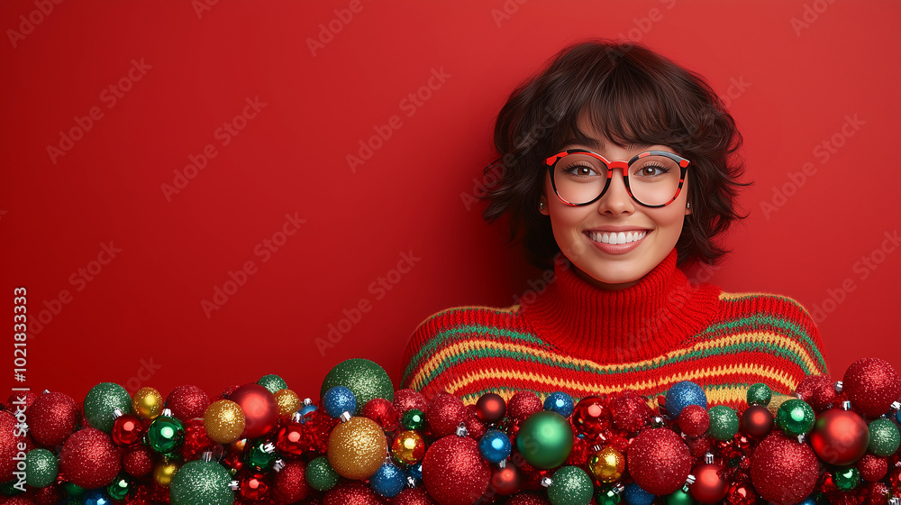portrait of an intellectual with glasses woman designer with short hair in a colorful sweater against a red background with christmas ornaments